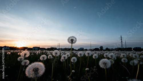 Field of Dandelions Silhouetted Against a Dusk Sky with Buildings
