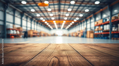 Wallpaper Mural Wooden table surface in the foreground with a blurred image of a spacious warehouse storage facility Torontodigital.ca