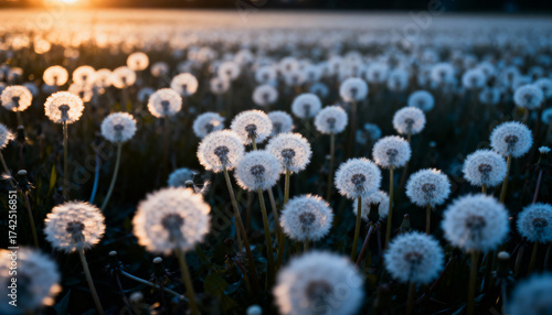 Field of Dandelions with Golden Sunset Light Filtering Through the Meadow