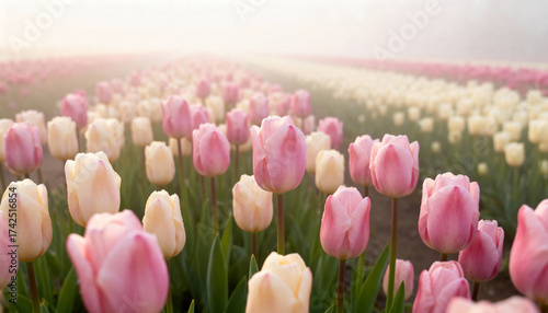 Field of Pink and White Tulips in Misty Morning Light
