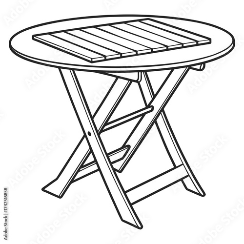 Simple line drawing of a round wooden folding table with slatted top and x shaped legs