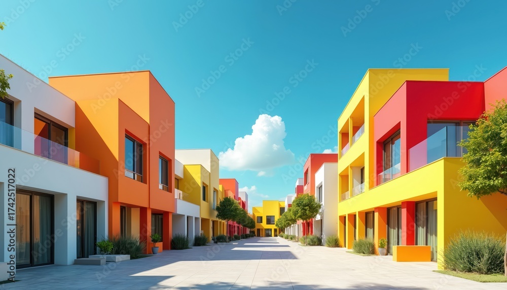 Obraz premium Colorful block houses in sunny neighborhood under blue sky. Modern buildings with geometric design form urban street with trees. Bright saturated tones create cheerful atmosphere for real estate