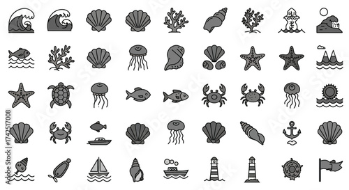 A diverse collection of seaside and marine life icons in a clean vector format
