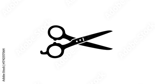 A minimalist black and white vector illustration of open hair salon scissors