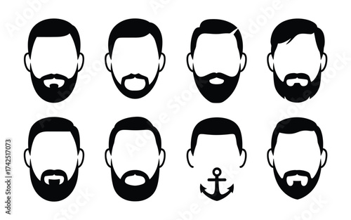 Collection of eight diverse vector beard and mustache styles for men's grooming design projects silhouette vector illustration white background