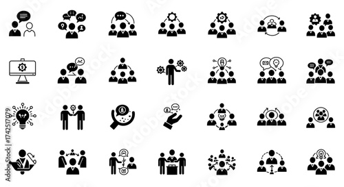 A diverse set of vector icons symbolizing teamwork, collaboration, and idea generation