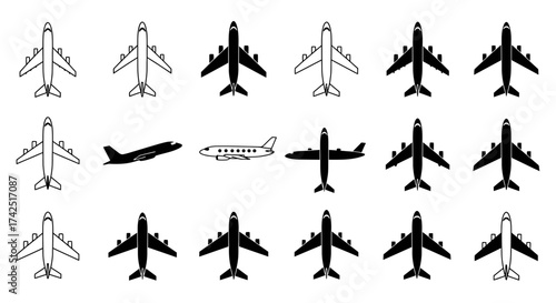 A seamless pattern featuring a variety of black and white airplane vector icons
