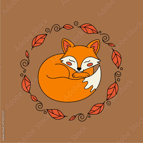 Charming hand-drawn illustration of a peacefully sleeping orange fox curled within a delicate autumnal leaf wreath, evoking warmth and gentle forest tranquility