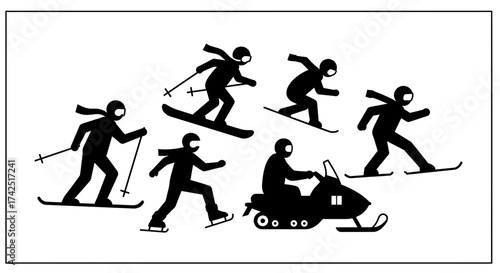 Black and white illustration showcasing winter sports and recreational activities