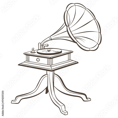 Vintage gramophone with large horn and wooden base on a stand line art illustration