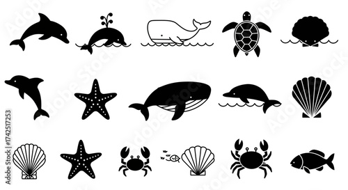 Black and white sea creature icons representing ocean biodiversity and marine life