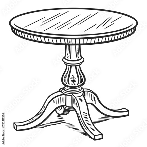 Vintage round pedestal table with ornate carved details and a reflective tabletop in a hand drawn sketch style