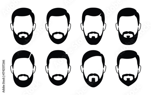 Diverse collection of black and white vector beard styles and haircuts for men's illustrations silhouette vector illustration white background
