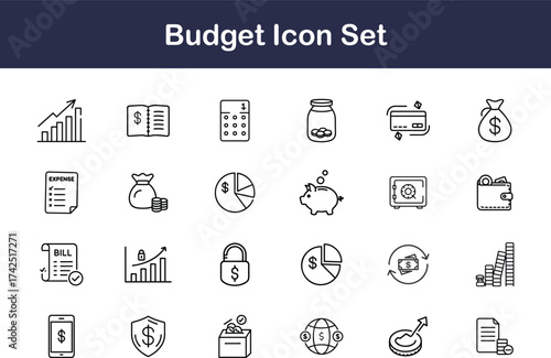 Thin line budget icon set with finance, money, savings, investment, and accounting symbols for business, banking, and economics design  with transparent background