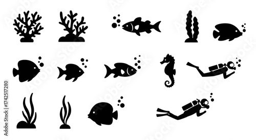 Black and white vector illustration of underwater scene with fish and divers