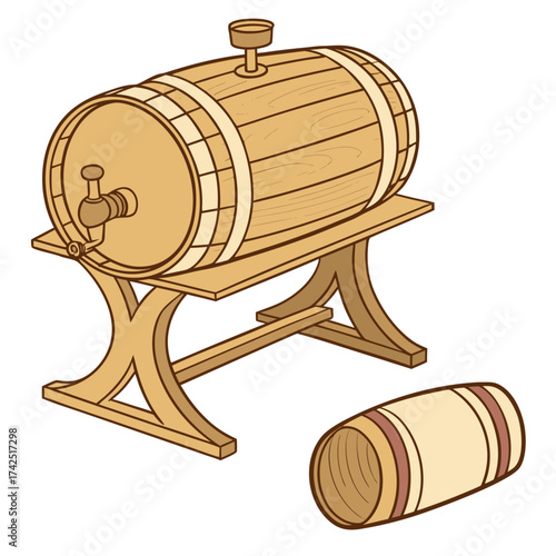 Wooden barrel with a tap and bung resting on a stand with another barrel nearby
