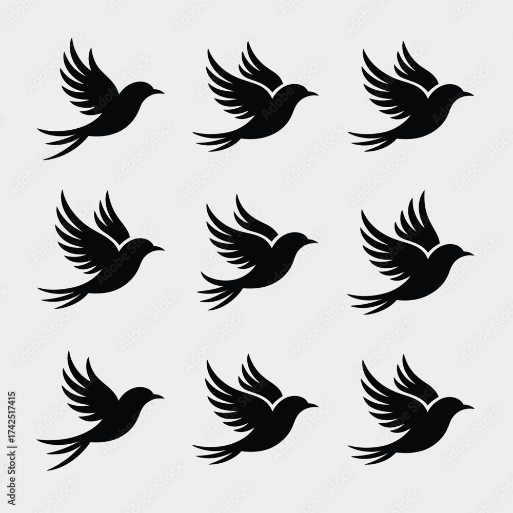 Fototapeta premium Set of 9 black and white silhouette bird illustrations vector graphics scalable eps icon collection silhouette vector illustration white background