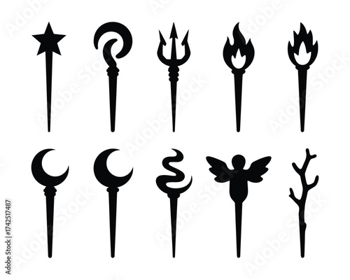 Set of 10 black silhouette magic wands vector illustration scalable eps icon for fantasy designs silhouette vector illustration white background