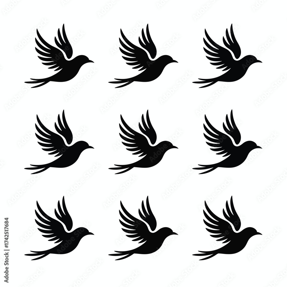 Fototapeta premium Set of 9 black silhouette flying birds vector illustration scalable icon graphic design element silhouette vector illustration white background