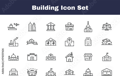  Building icon set collection with thin line black outline style including city, office, hospital, church, shop, and school symbols with transparent background