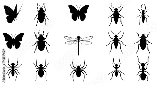 Collection of diverse insects silhouettes on white background providing vector asset