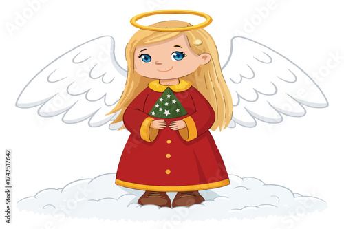 Adorable cartoon angel girl wearing a red robe and golden halo, holding a Christmas tree while standing on soft clouds — perfect for festive greeting cards and holiday posters.