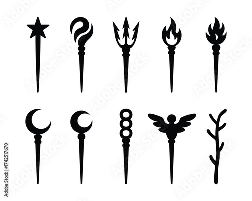 Set of 10 black silhouette magic wands vector illustration scalable eps icon for fantasy and magical graphics silhouette vector illustration white background