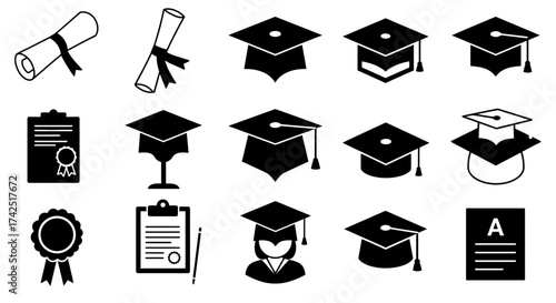 Collection of Graduation Icon Designs, Symbolizing Academic Success and Achievements
