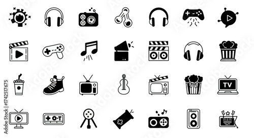 Collection of entertainment and media icons symbolizing leisure activities in black