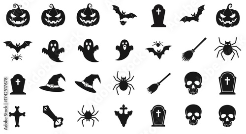 Collection of Halloween Silhouette Icons: Pumpkins, Ghosts, Bats, and Spooky Elements