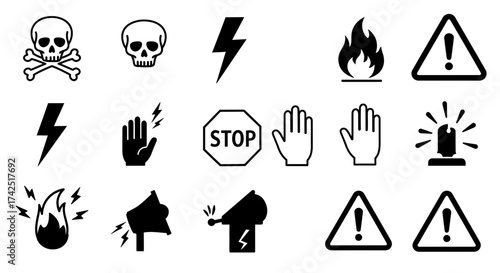 Collection of hazard warning signs, safety symbols, and prohibition icons in vector format
