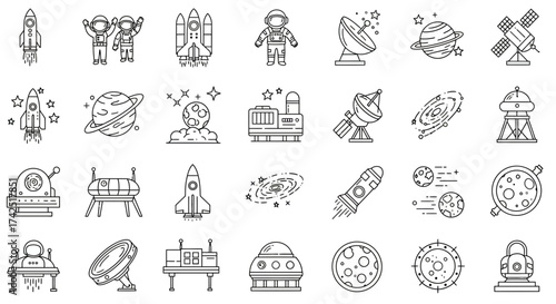 Collection of minimalist space exploration icons in vector format perfect for graphic design