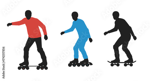Three skaters in different colored outfits rolling on inline skates