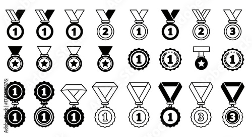 Collection of monochrome medal icons representing different achievements and rankings