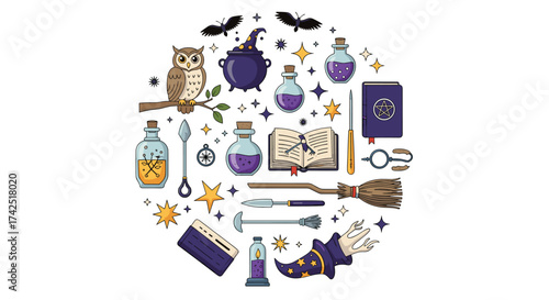 A collection of magical objects arranged in a circular pattern.