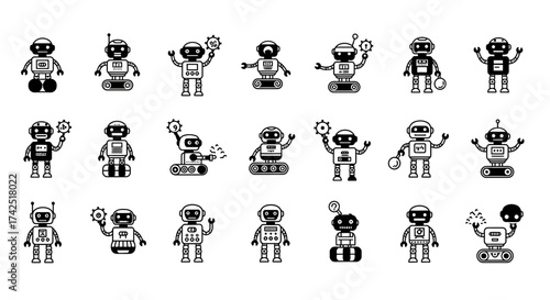 Collection of various robot icons in black and white for futuristic design concept