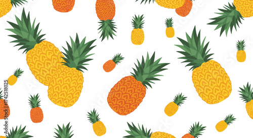 A vibrant pattern of tropical pineapples with green leaves on a white background.