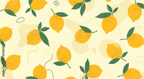 A vibrant pattern featuring scattered lemons and green leaves on a pale yellow background.
