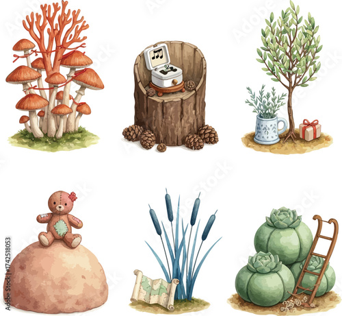 Watercolor nature elements whimsical arrangement art