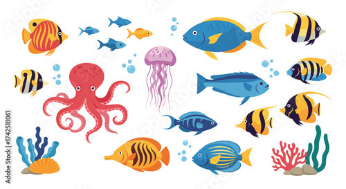 A vibrant underwater scene filled with diverse marine life and coral reefs.