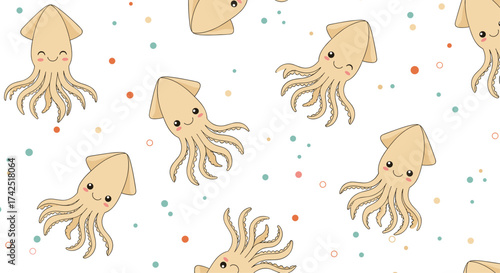 Cute cartoon squids on a white background with colorful dots pattern.
