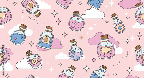 Enchanting potion bottles and clouds in a whimsical pattern.