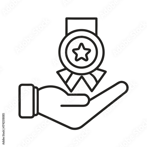 Vector outline icon of a hand holding a medal. A hand holding a medal vector illustration. Represents an achievement.