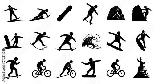 Collection of Various Black and White Sports and Recreational Activity Icons Silhouettes