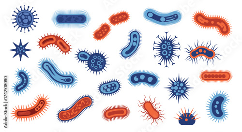 A diverse collection of bacteria and viruses in various shapes and colors.