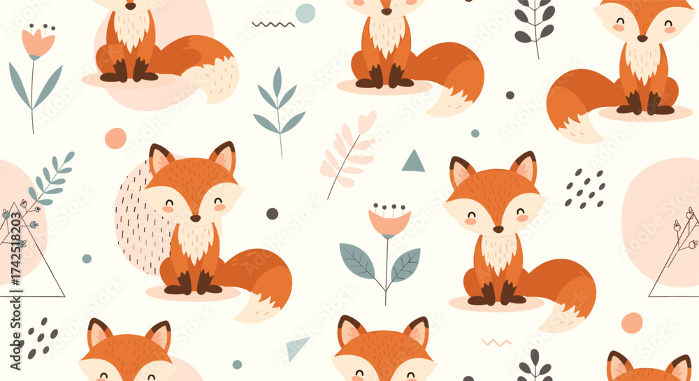 Naklejka premium A charming pattern featuring cute fox illustrations with floral accents.