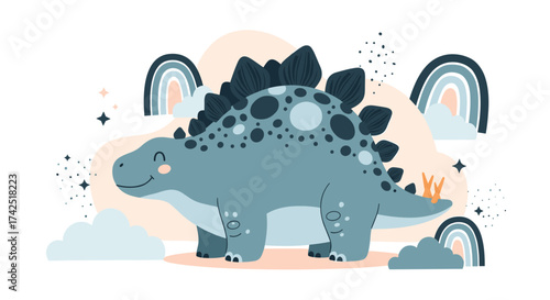 A cute blue stegosaurus dinosaur with colorful rainbows and clouds.