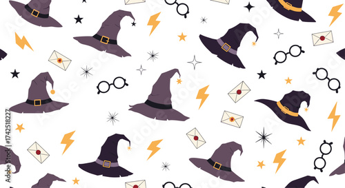 Magical witch hats and glasses seamless pattern design.