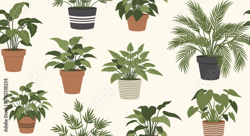 A delightful collection of potted houseplants arranged in a repeating pattern.