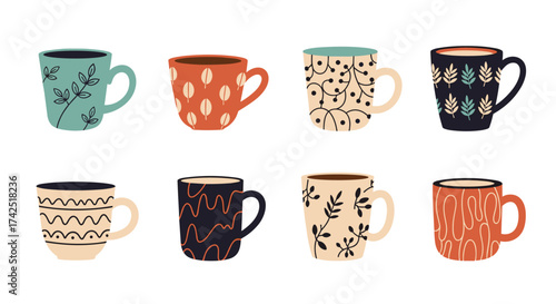 A collection of eight charming patterned coffee mugs in various designs.